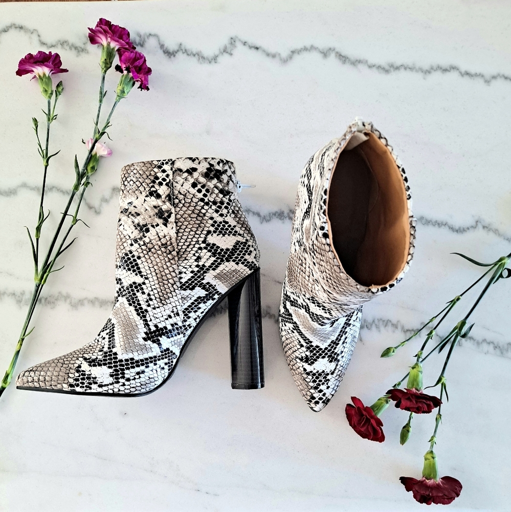 Snake Skin Print Faux Leather Ankle Booties